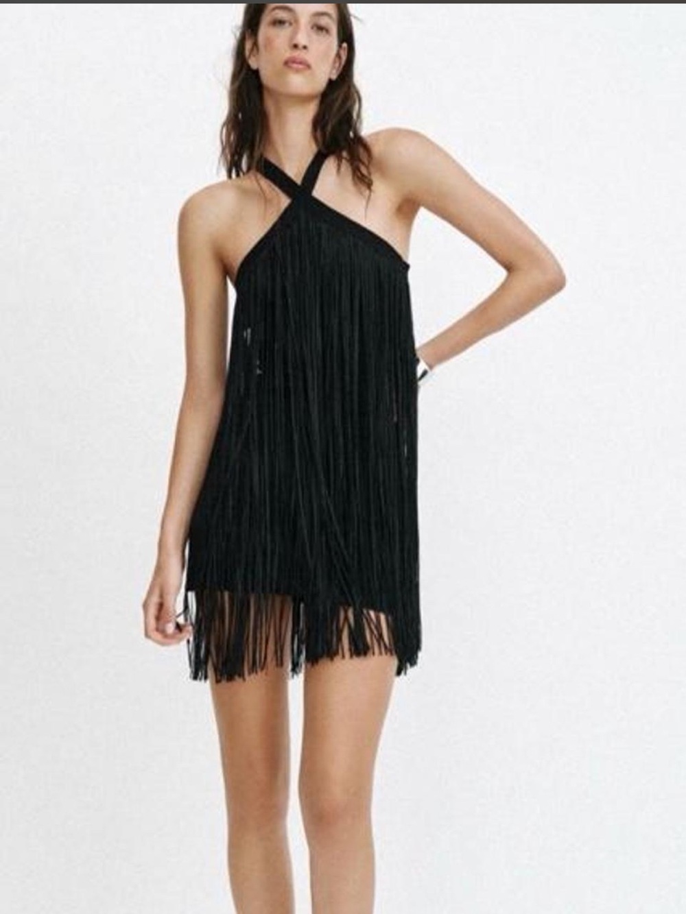 Zara Black Fringe Halter Mini Dress